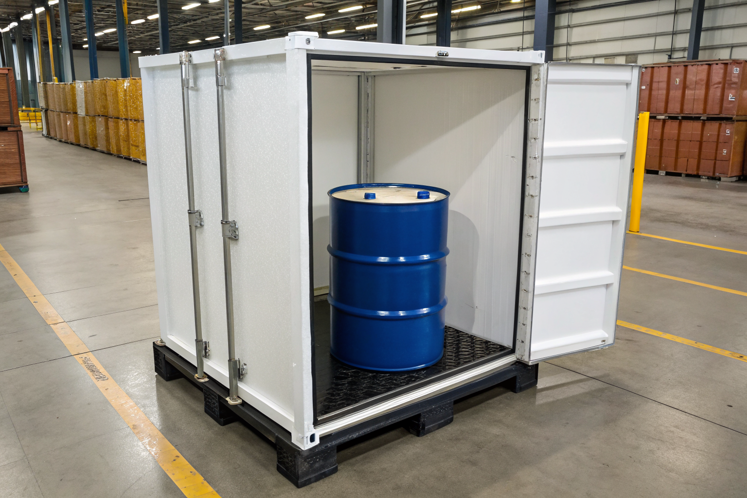 Single drum in dedicated containment unit in warehouse.