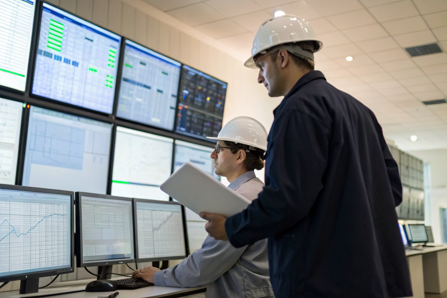 Engineers analyzing data for leak detection in control room.