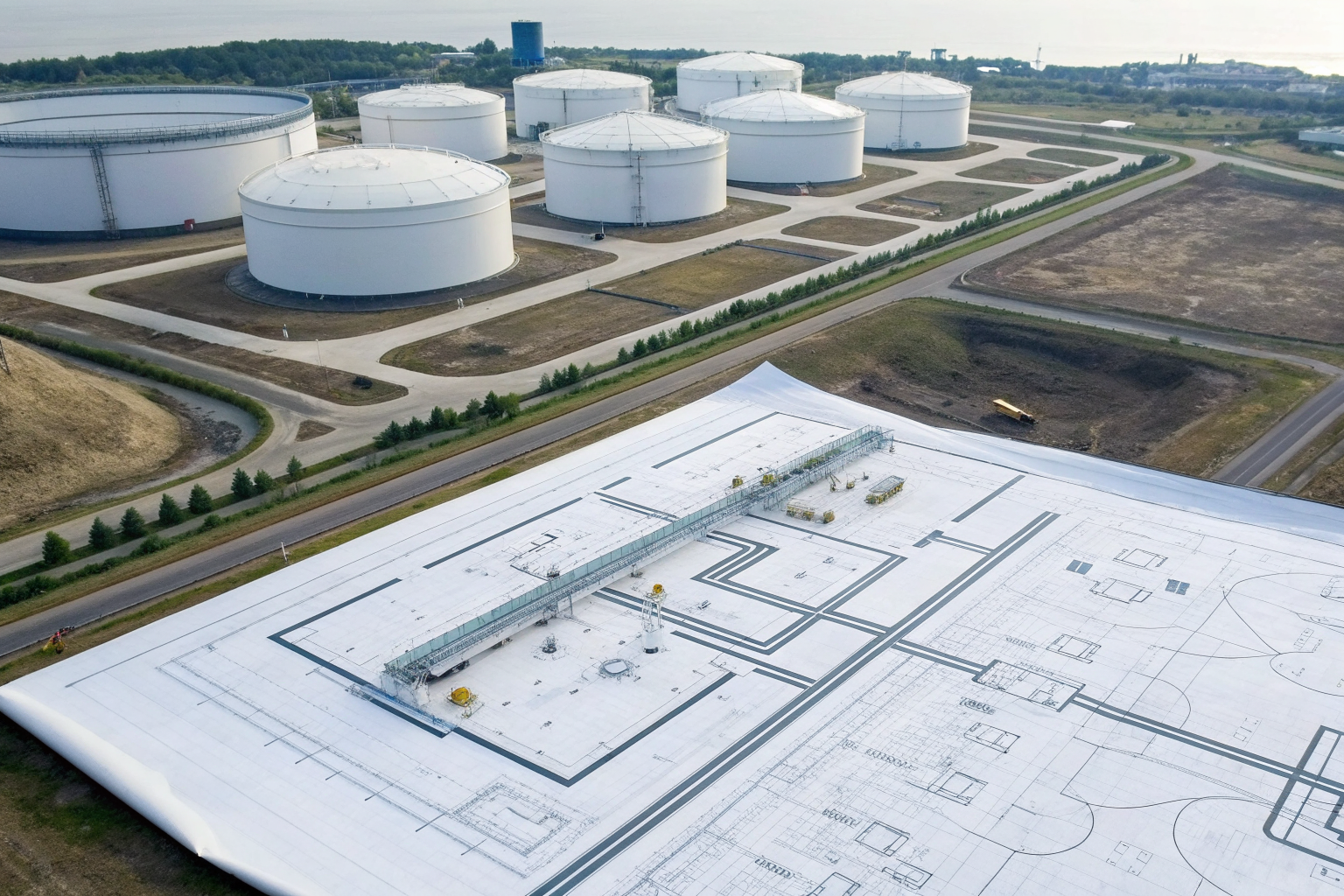Engineering drawing of oil storage site with drainage patterns.