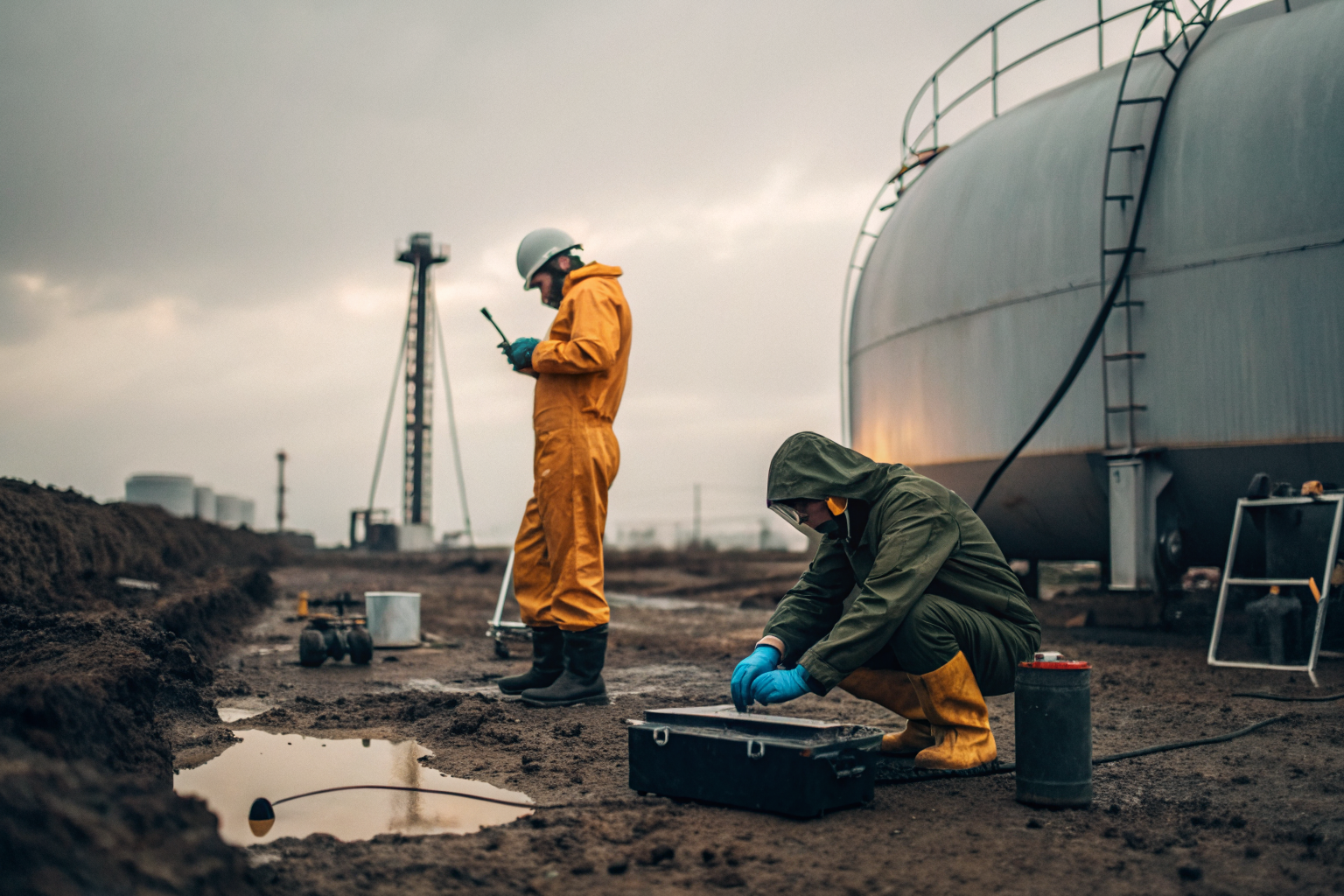 Technicians testing soil contamination at tank site.