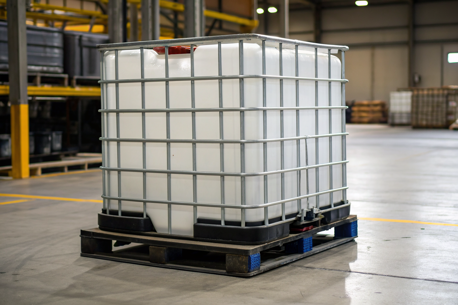 275-gallon IBC on pallet with measurement markers in warehouse.