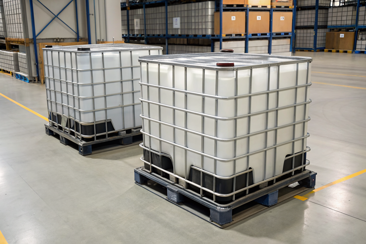 Dual IBC pallets in a warehouse, optimized for space efficiency.