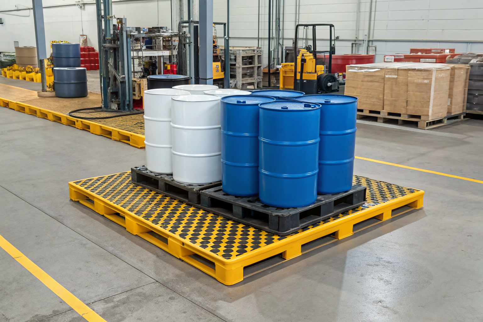Compact 2 drum spill pallet in a crowded facility.