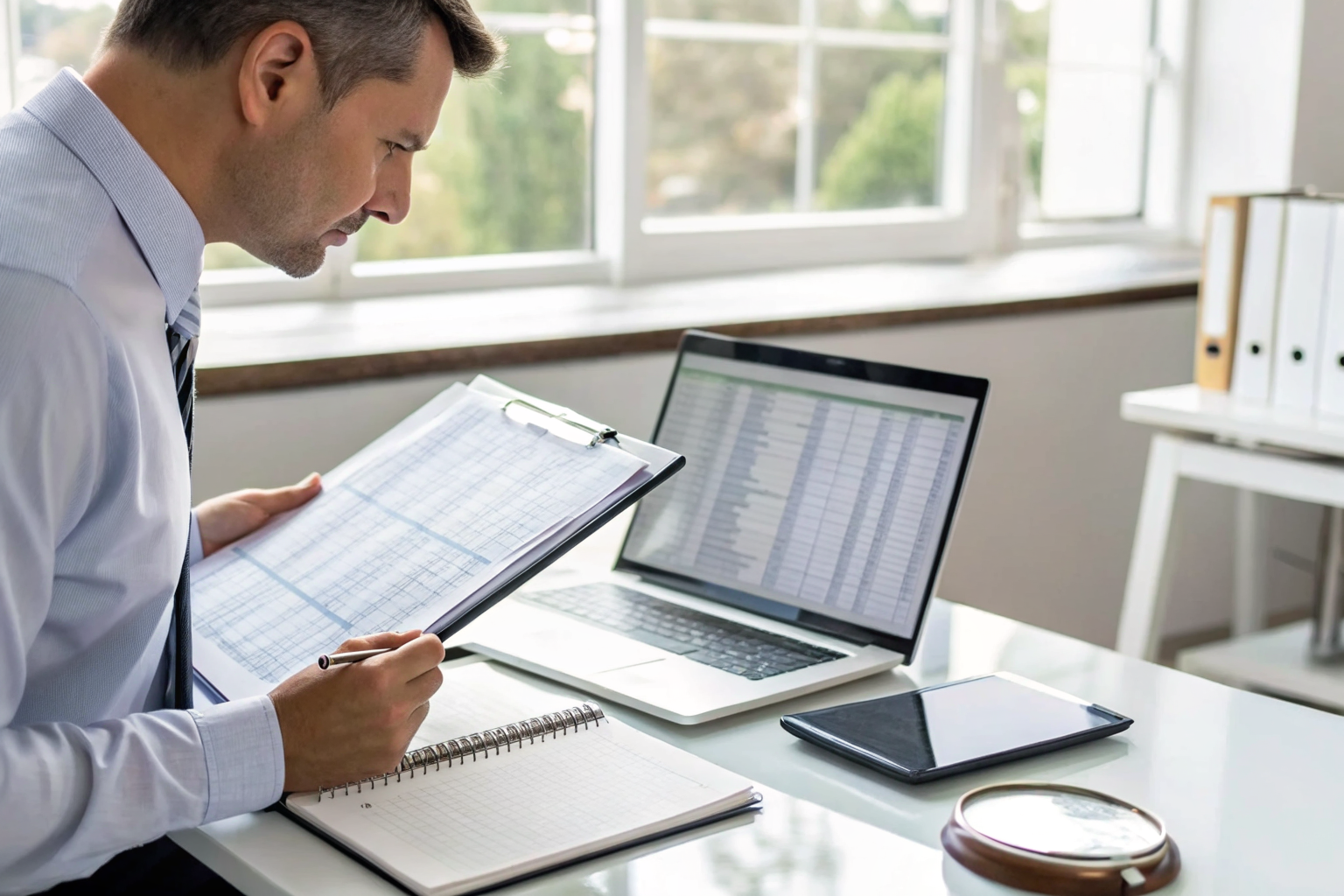 Auditor examining SPCC audit tools in an office setting.