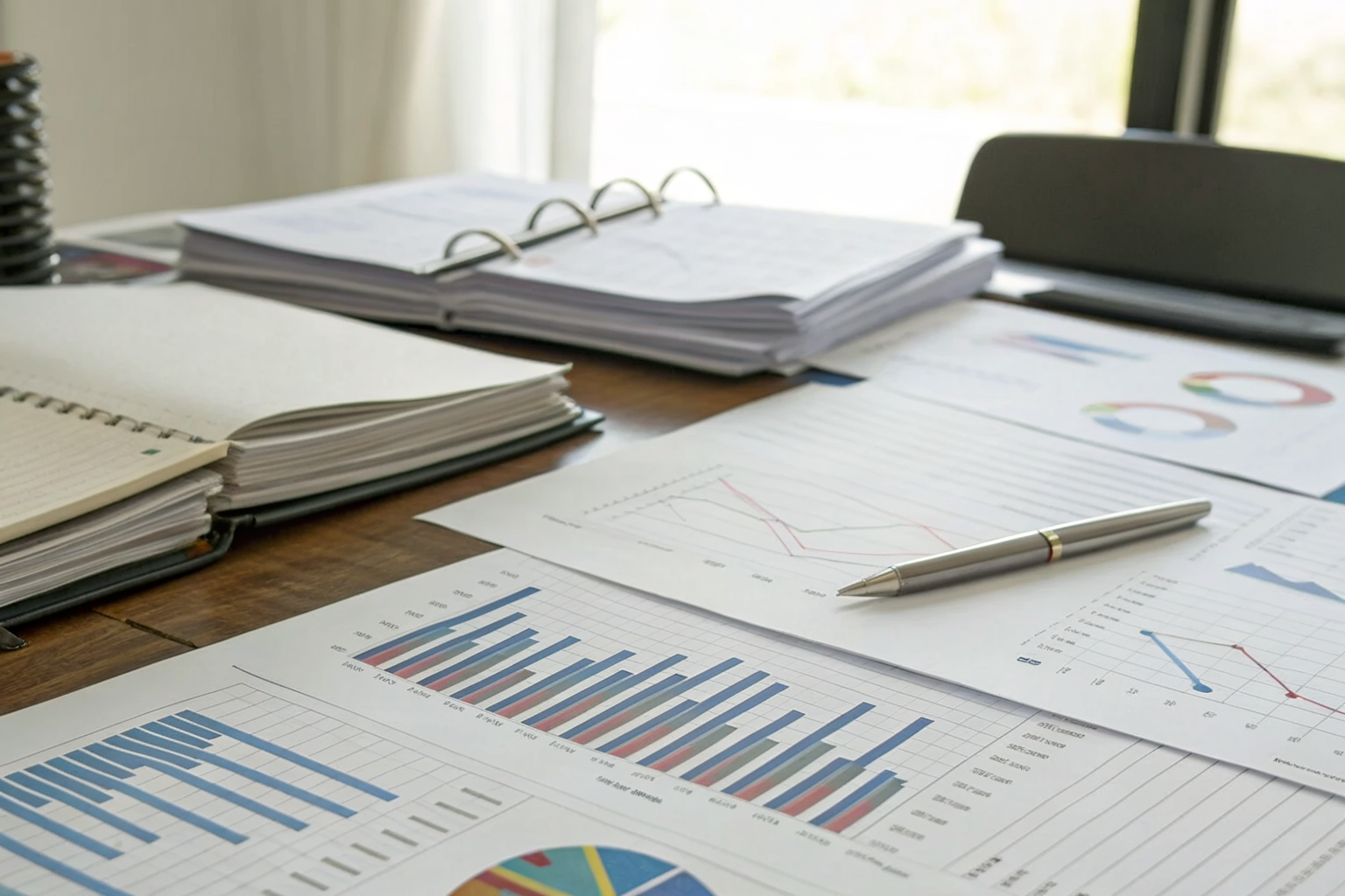 Compliance documents and charts on a cluttered desk.
