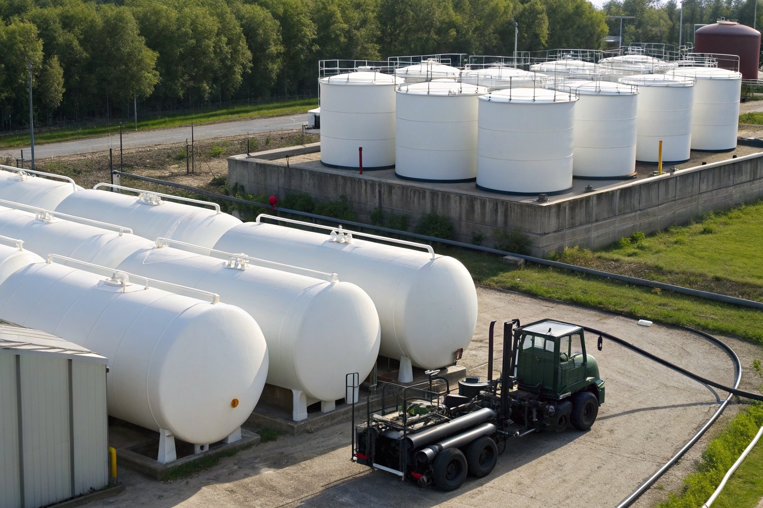 Agricultural equipment with labeled fuel tanks in a storage area.