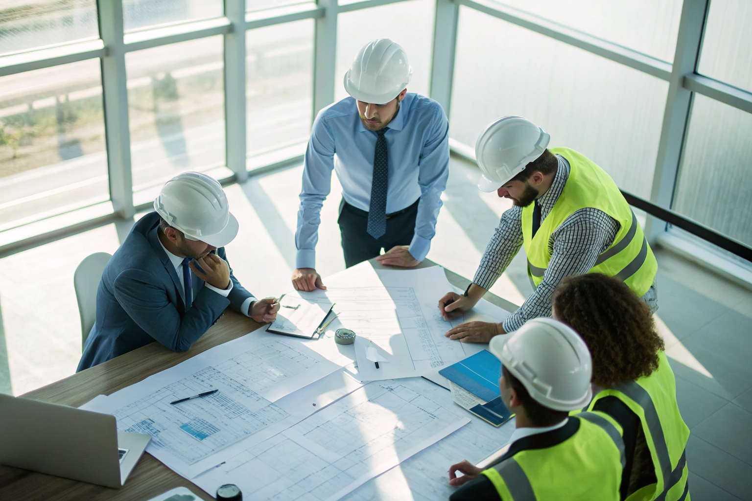 Engineers discussing compliance strategies with documents and charts.