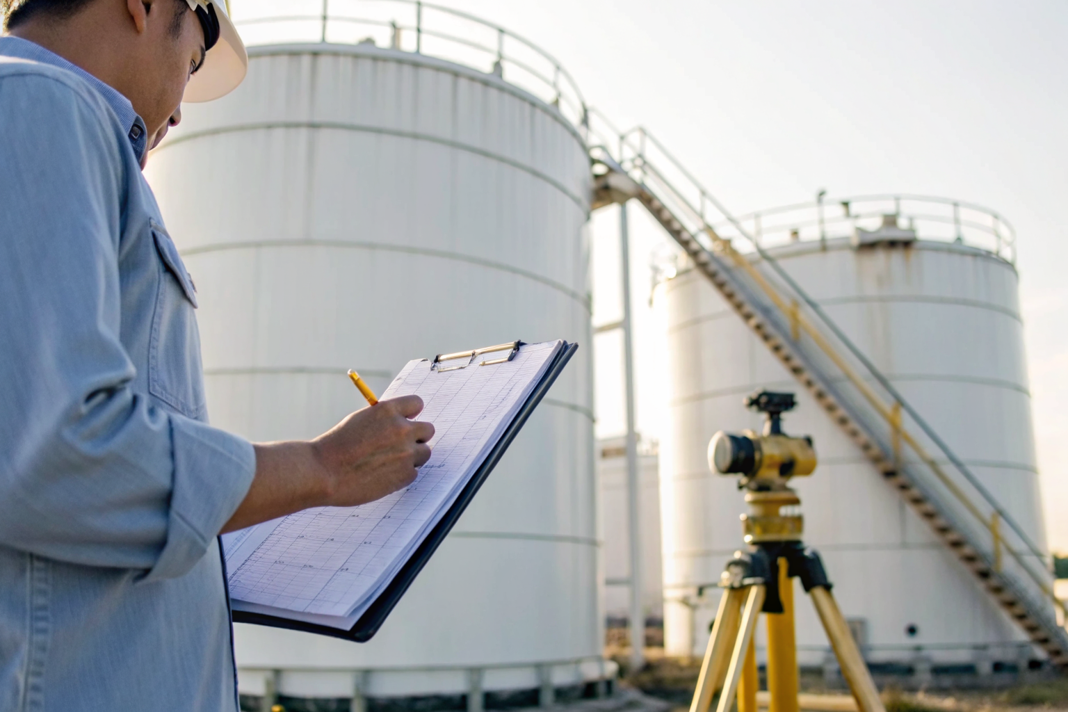 Worker reviewing SPCC compliance documents next to an oil storage tank.