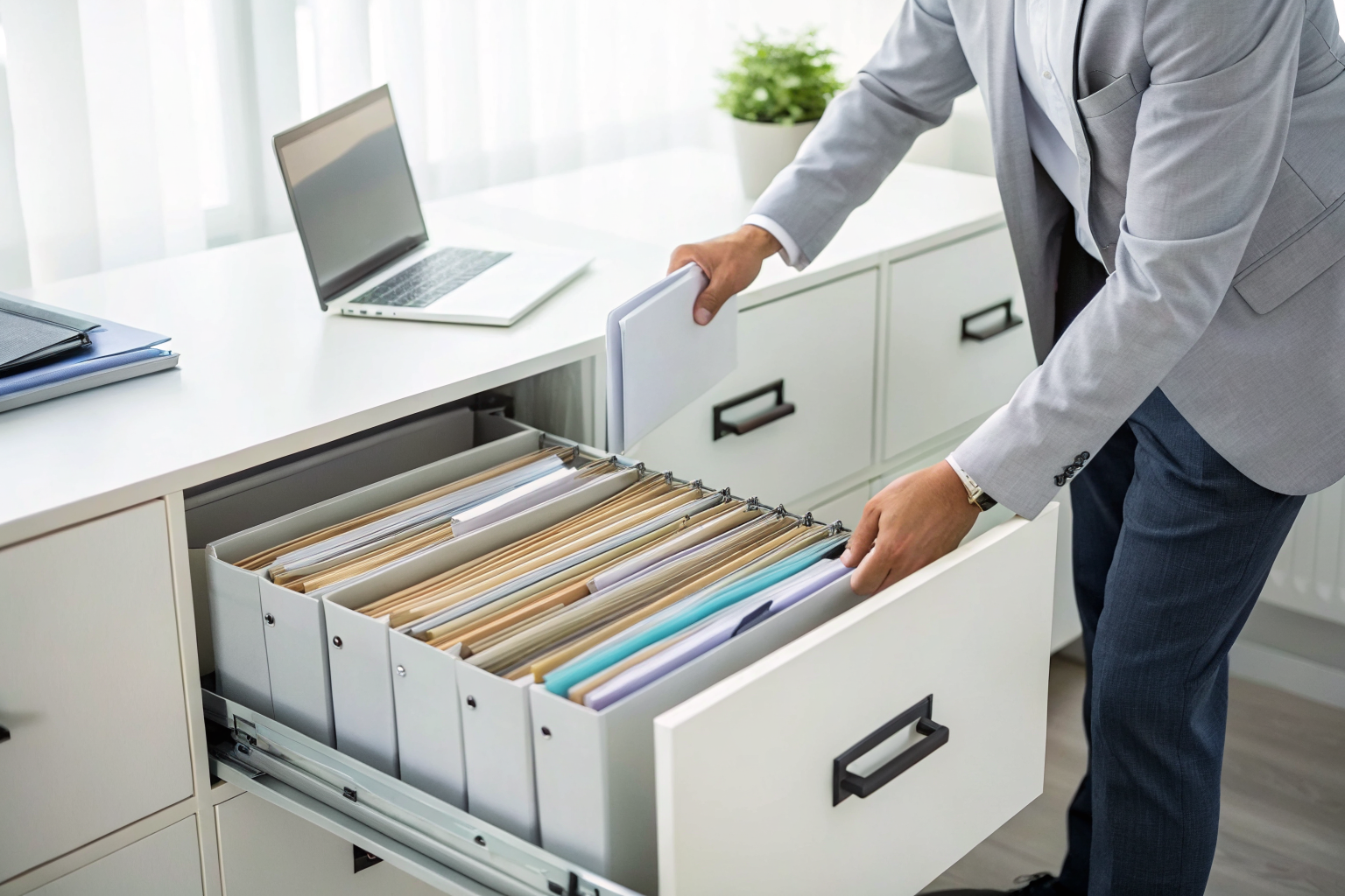Compliance officer organizing SPCC documents in a file cabinet.