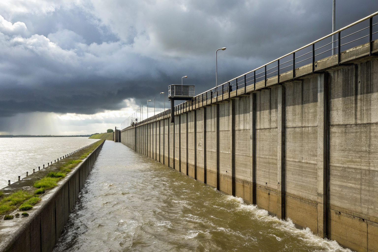 Containment dike with two feet freeboard under stormy sky.