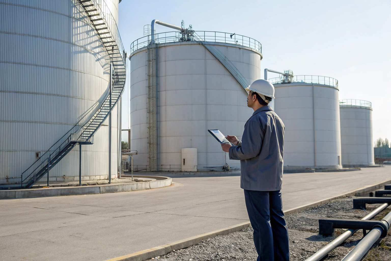 Worker visually inspecting oil storage tanks with a digital device.