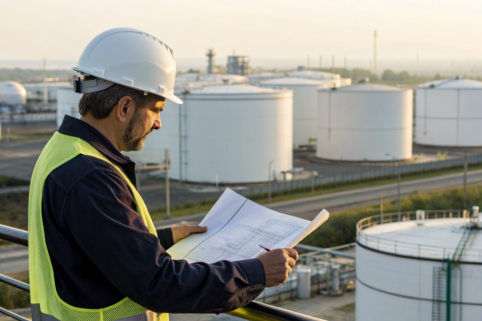 Engineer reviewing plans near oil storage tanks at a facility.