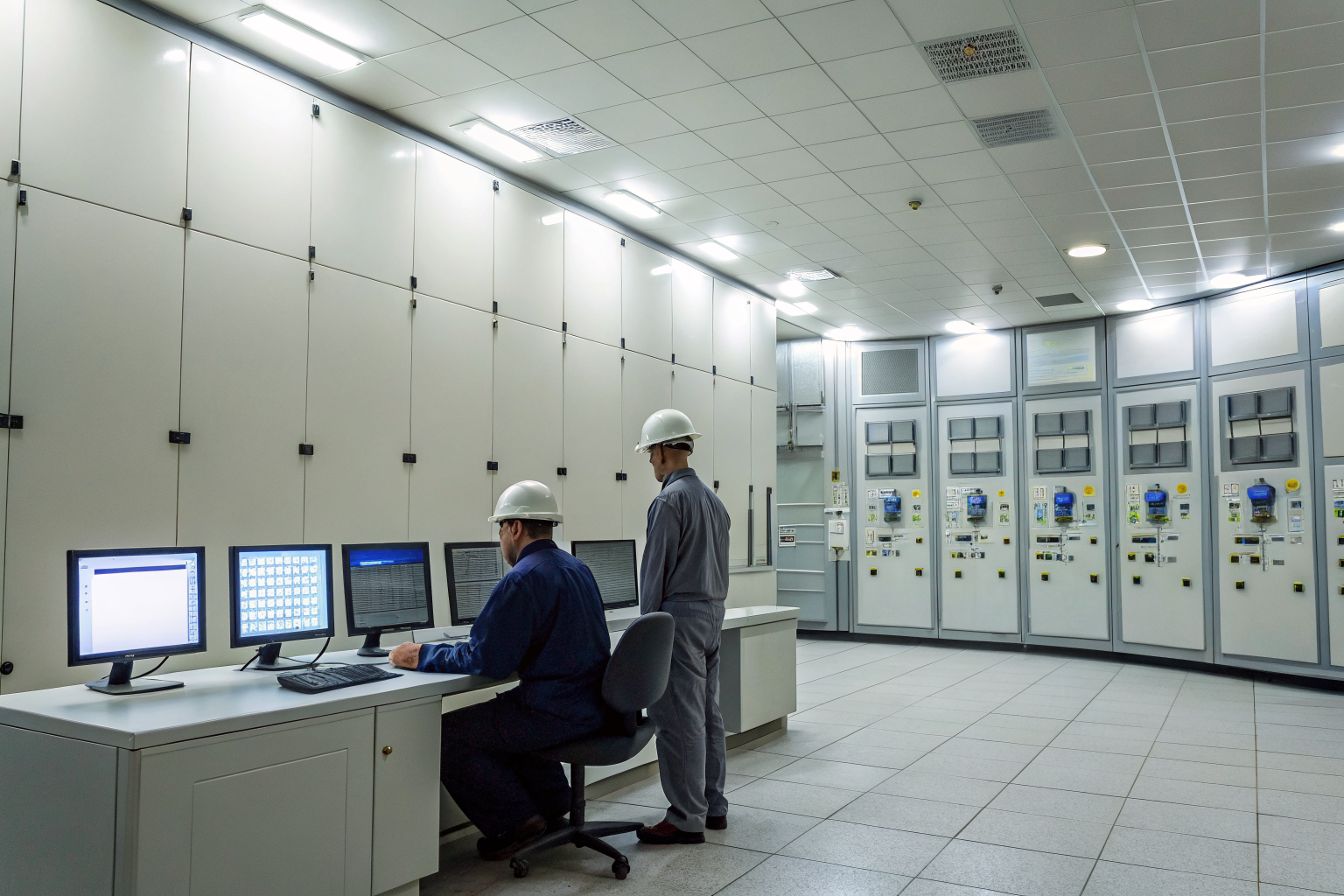 Control room with staff and screens showing SPCC plan data.