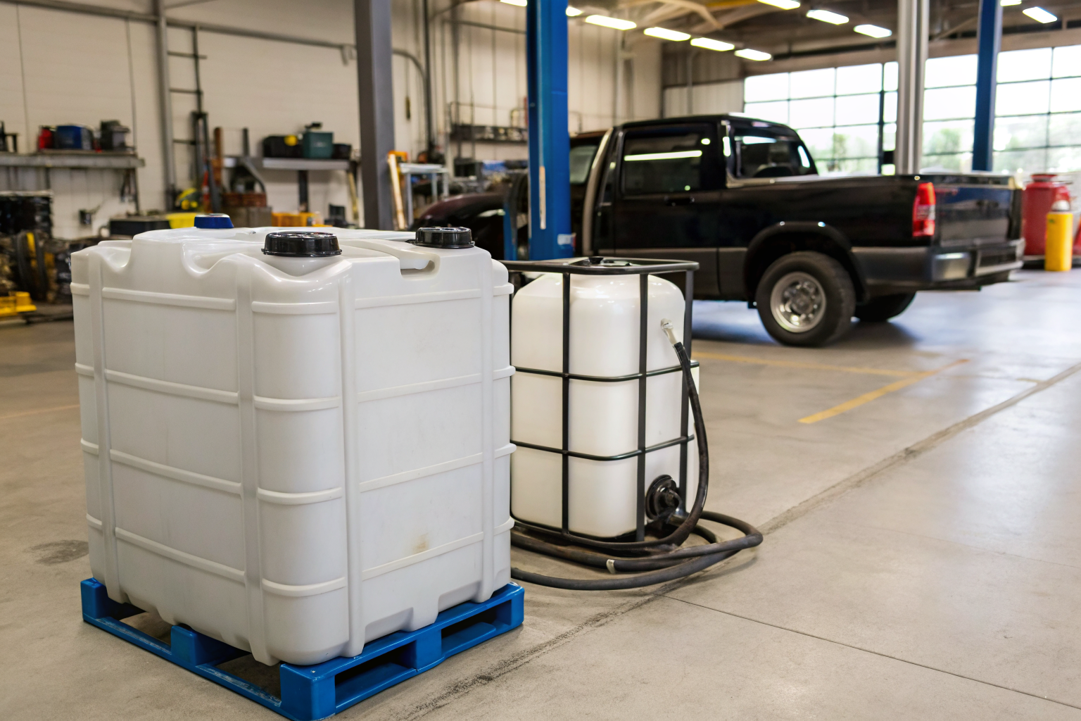 Auto repair shop with large oil tanks meeting SPCC threshold.