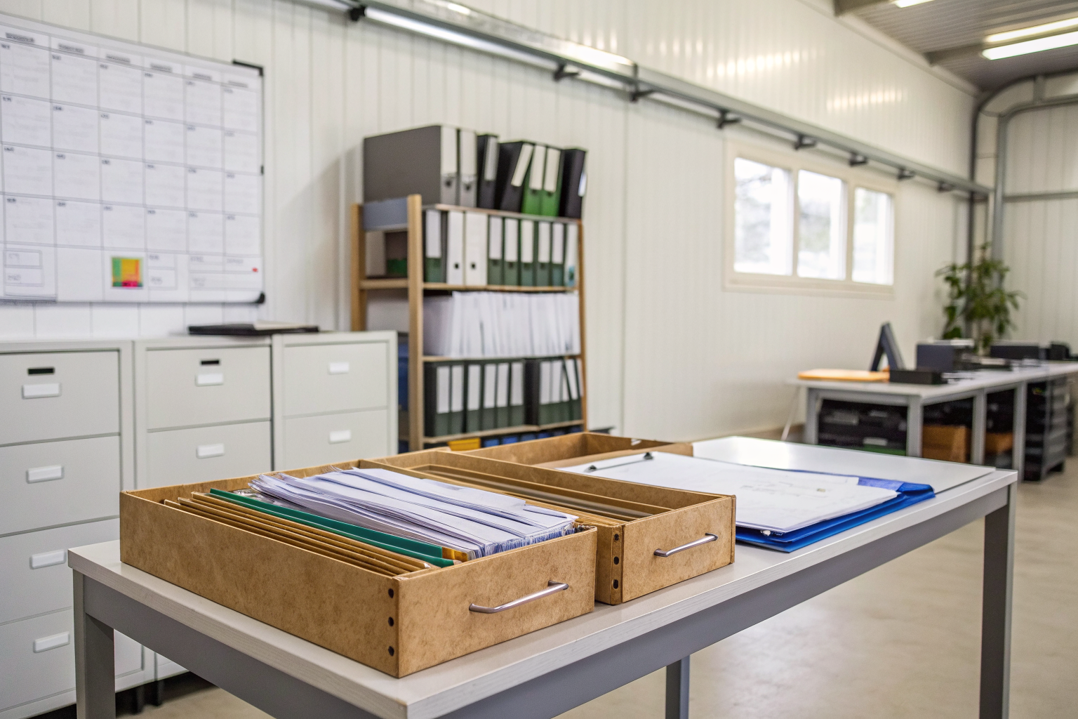 SPCC plan documents in a small facility office.