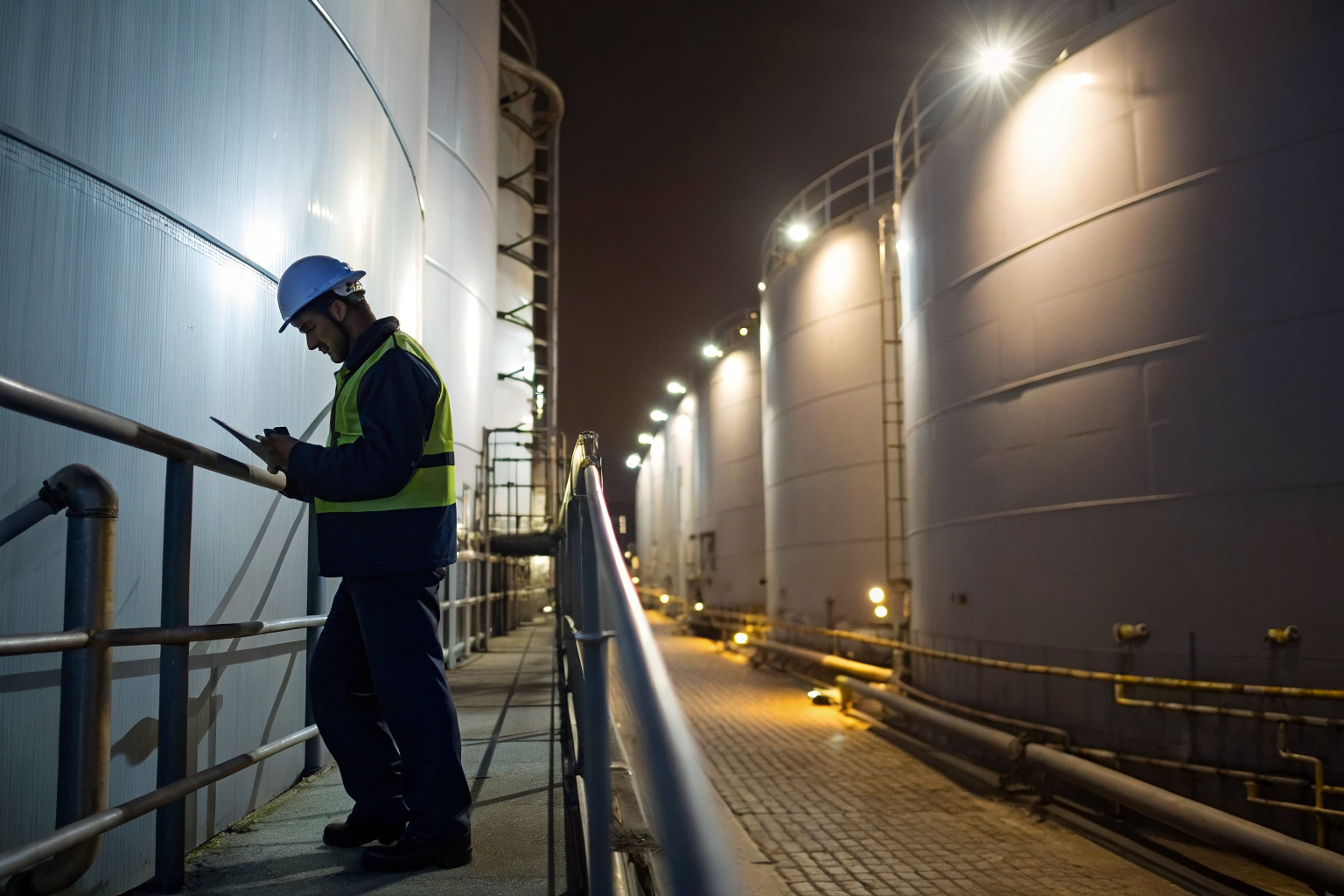 Operator inspecting oil tank facility for spill prevention systems.
