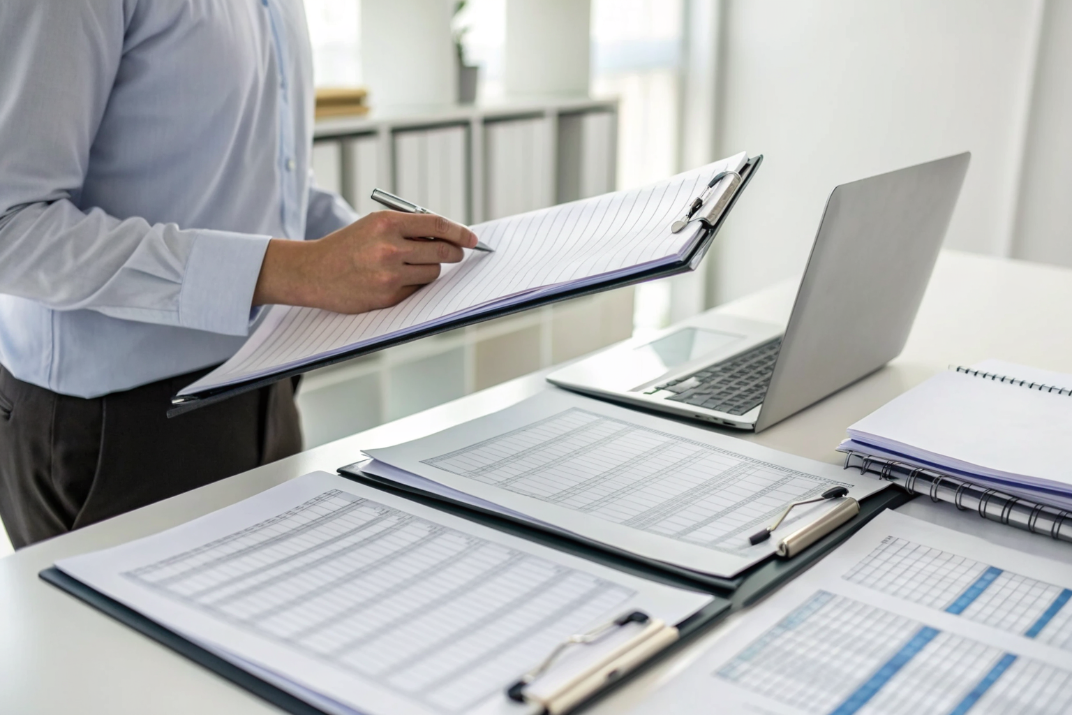 Employee reviewing SPCC training documents in an office setting.