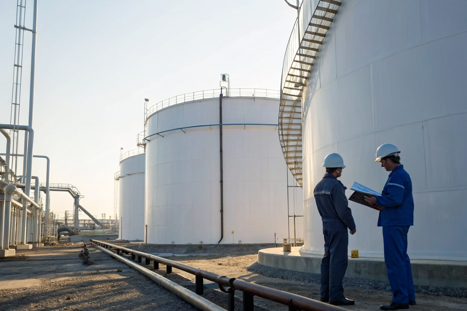 Workers inspecting valves at oil storage facility under daylight.