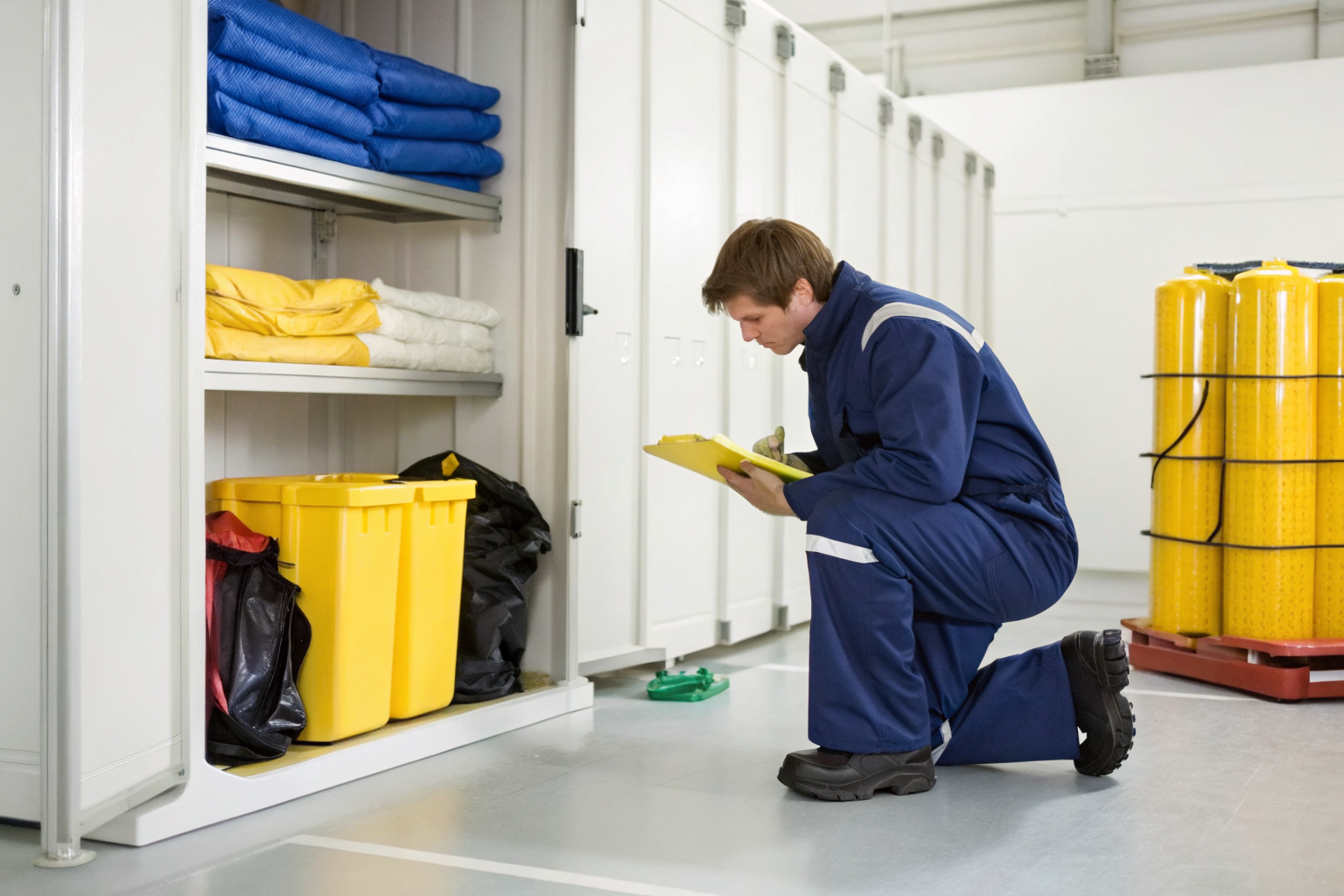 Worker inspecting spill kit contents with checklist.