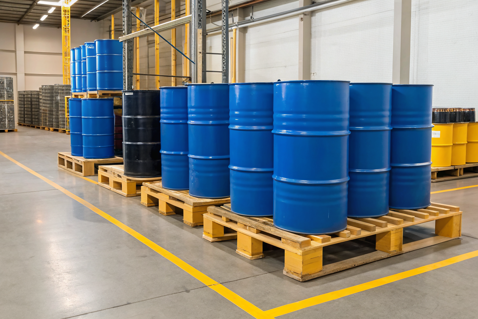 Spill pallets with drums in a well-lit warehouse.