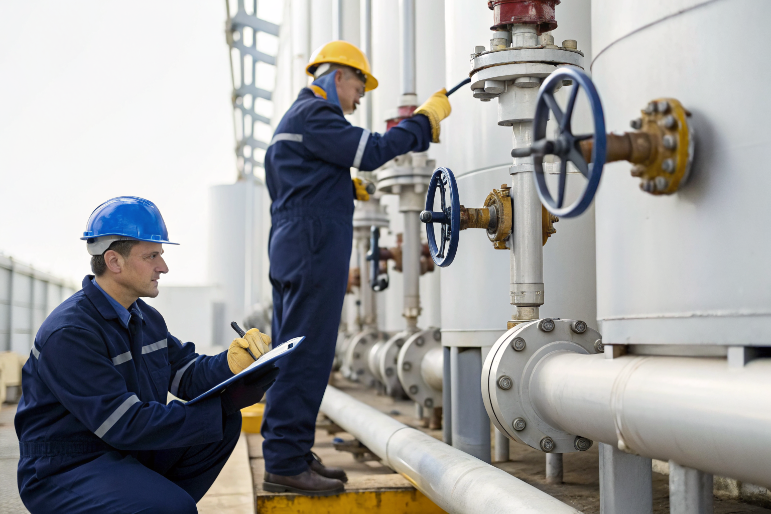 Personnel inspecting oil storage equipment, focusing on valves.