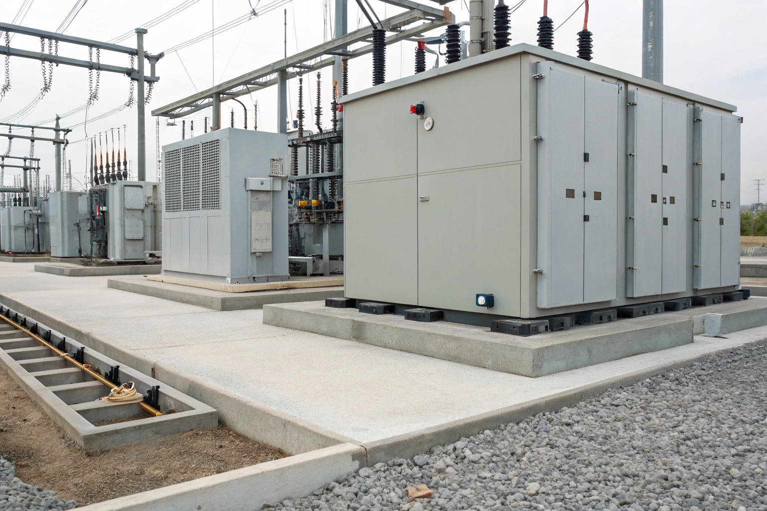 Substation with integrated spill containment systems.