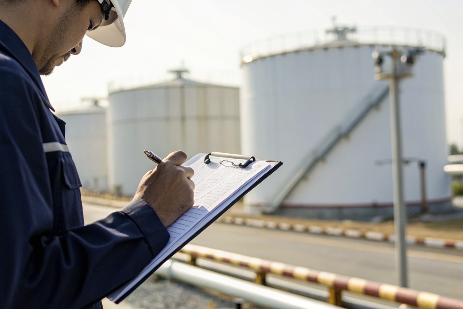 Worker filling out tank inspection form at oil site.