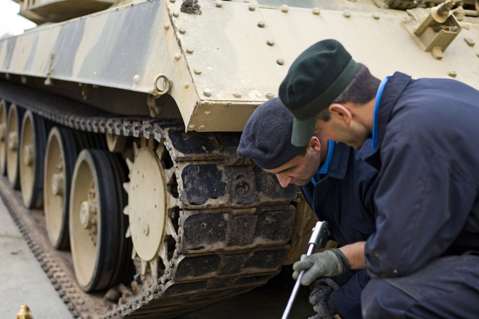 Inspectors checking vehicle-mounted tank for wear due to transport stress.