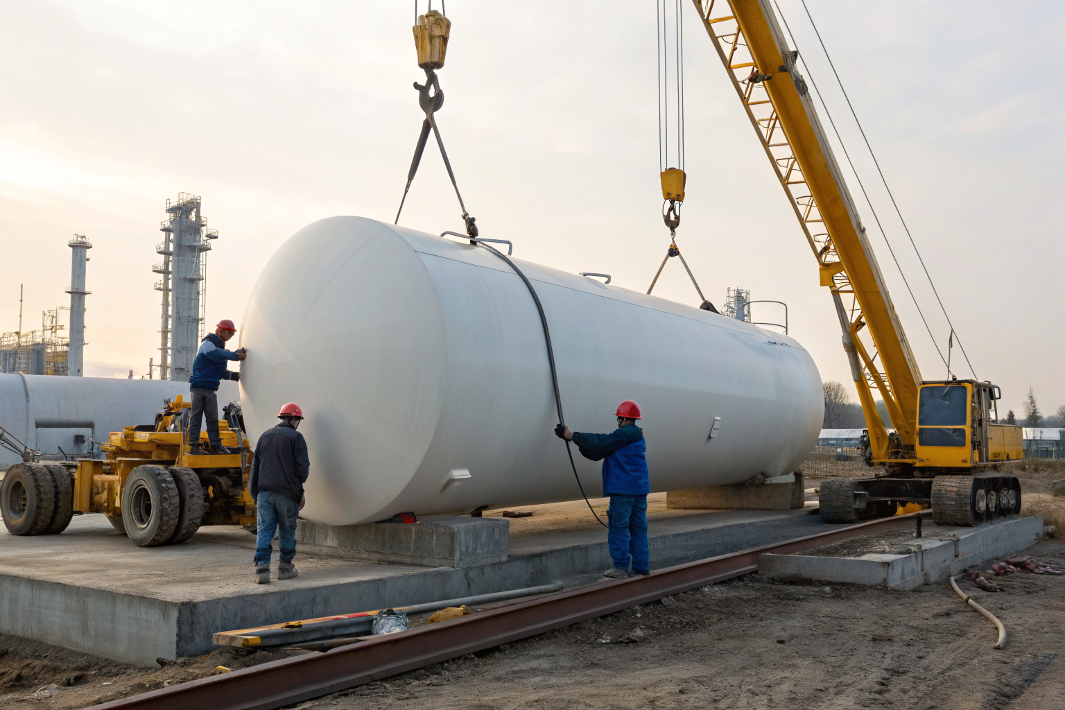 Construction team installing large oil tank at industrial site.