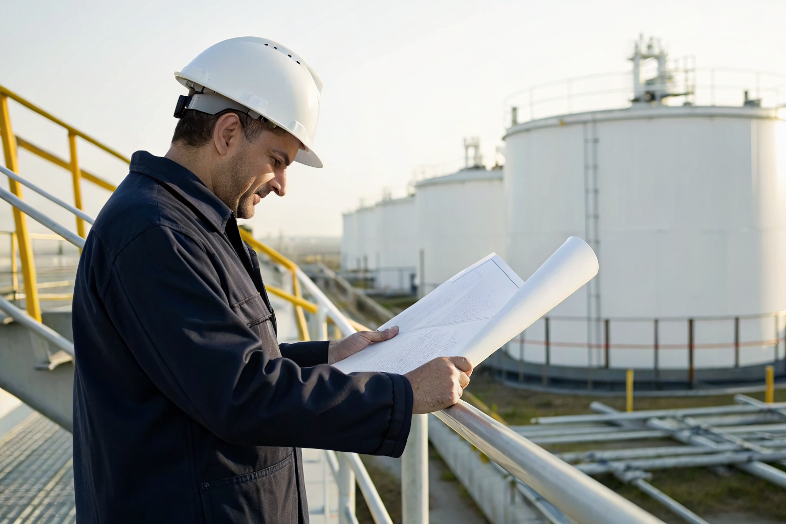 Engineer reviewing plans at oil storage site with focus on containment.