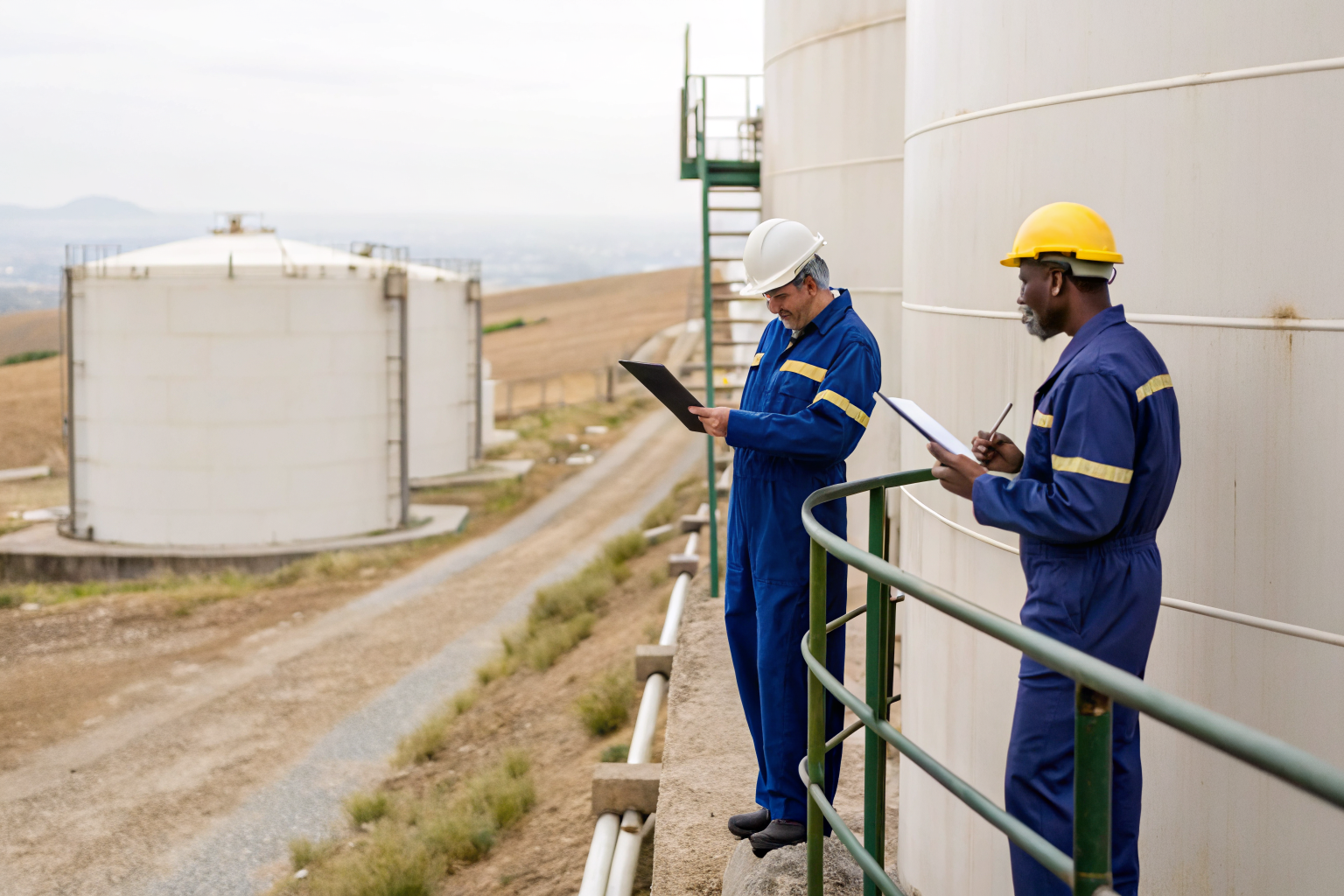 Farm personnel inspecting oil storage systems.