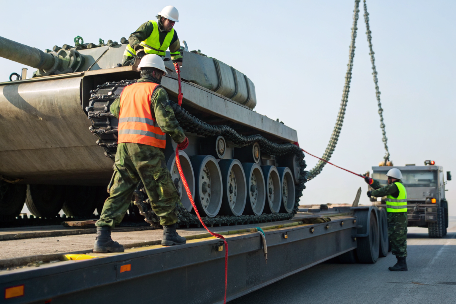 Crew securing tank on vehicle for transport with safety gear.