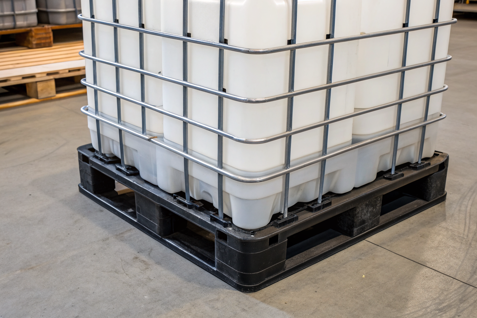 Twin IBC pallet close-up showing construction and load capacity.