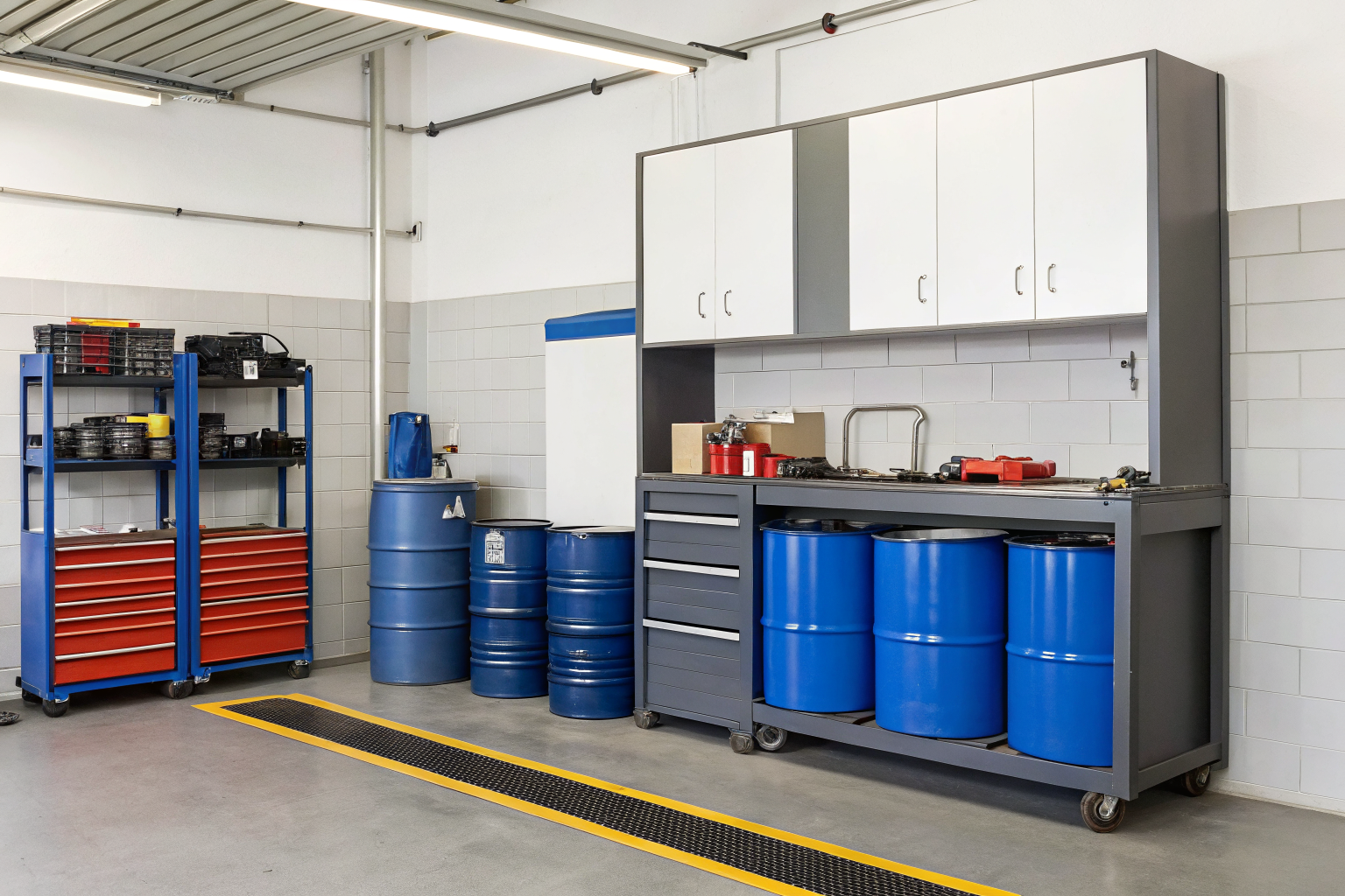 Small auto shop with storage for used and new oil.