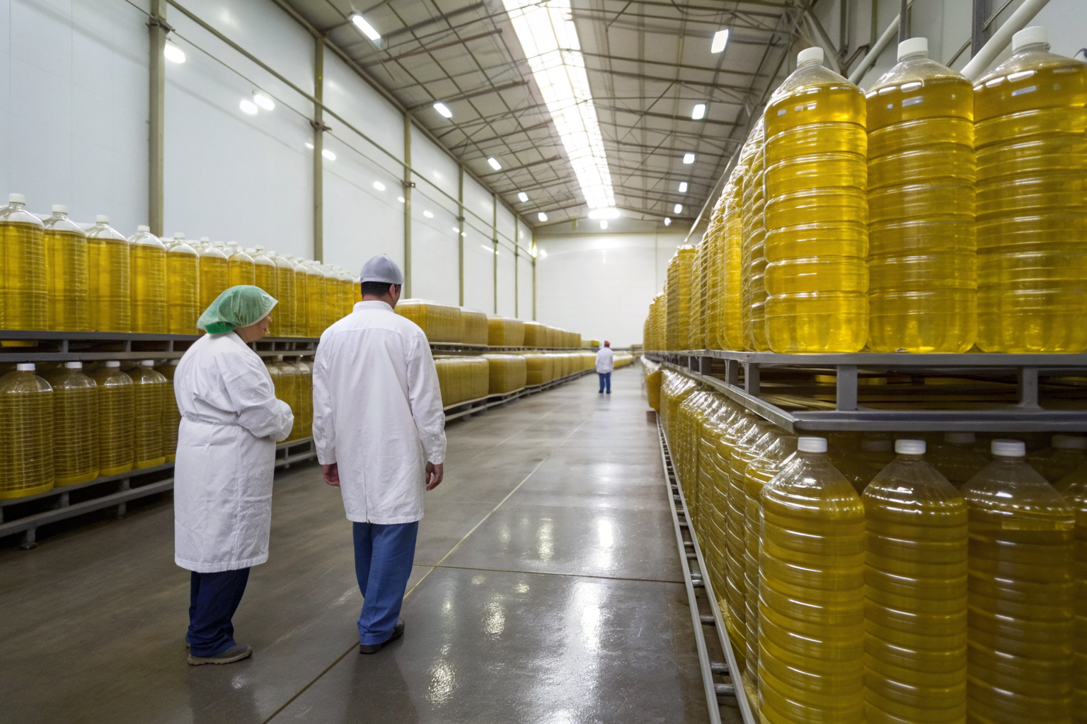 Food processing facility with containers of vegetable oils.