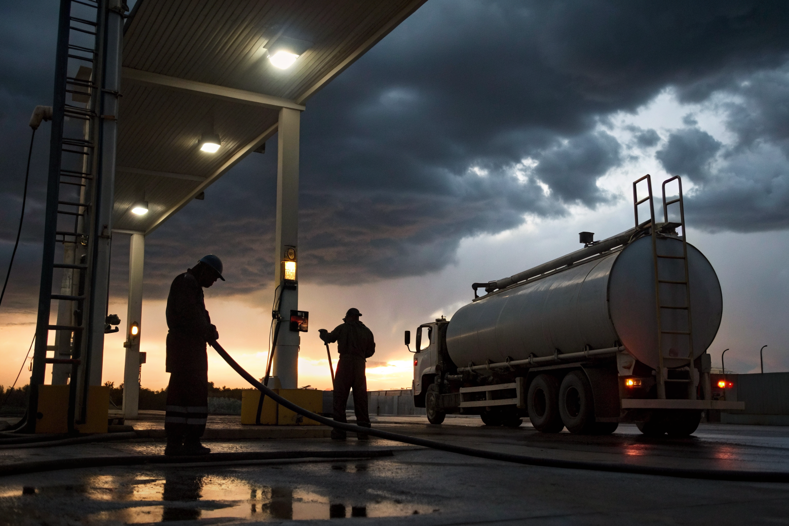 Loading rack scene with tank truck, leaking fuel arm, and urgent operators.
