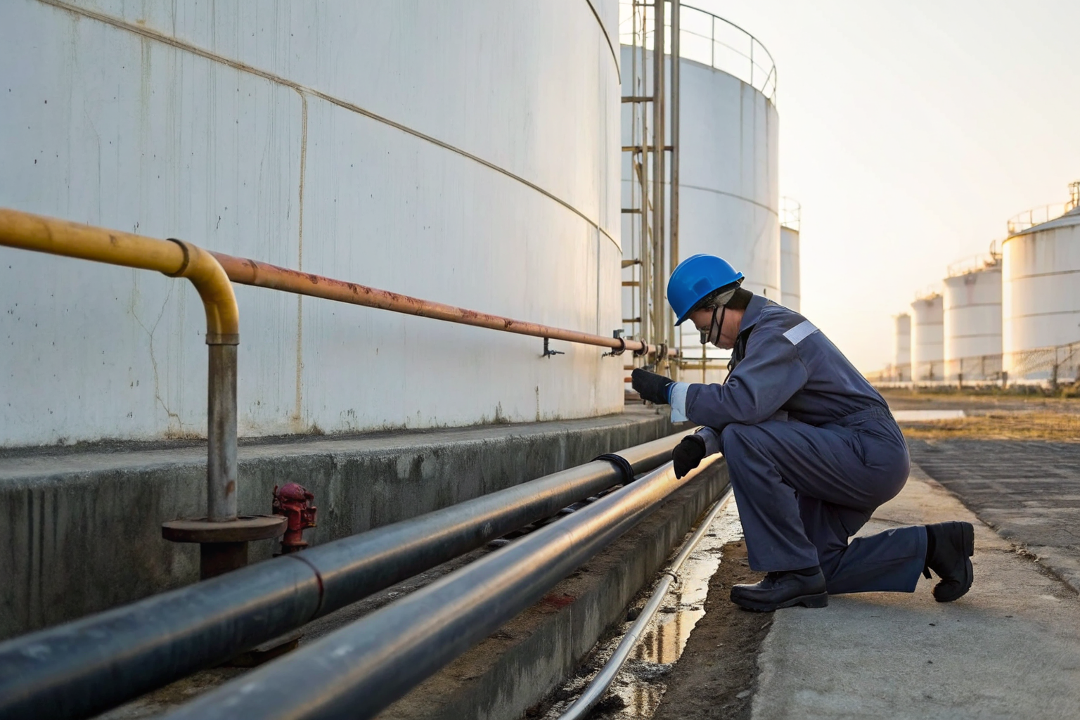 Worker inspecting oil tank and piping system for leaks and corrosion.