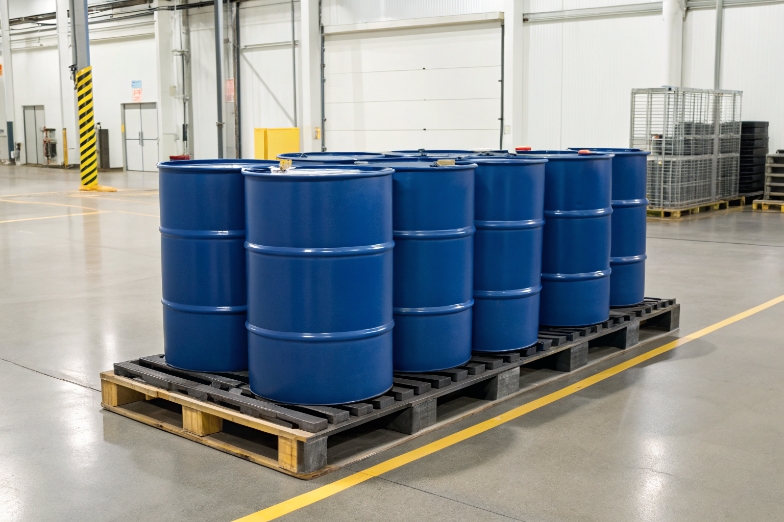 Drums on a containment pallet with sump in an industrial setting.