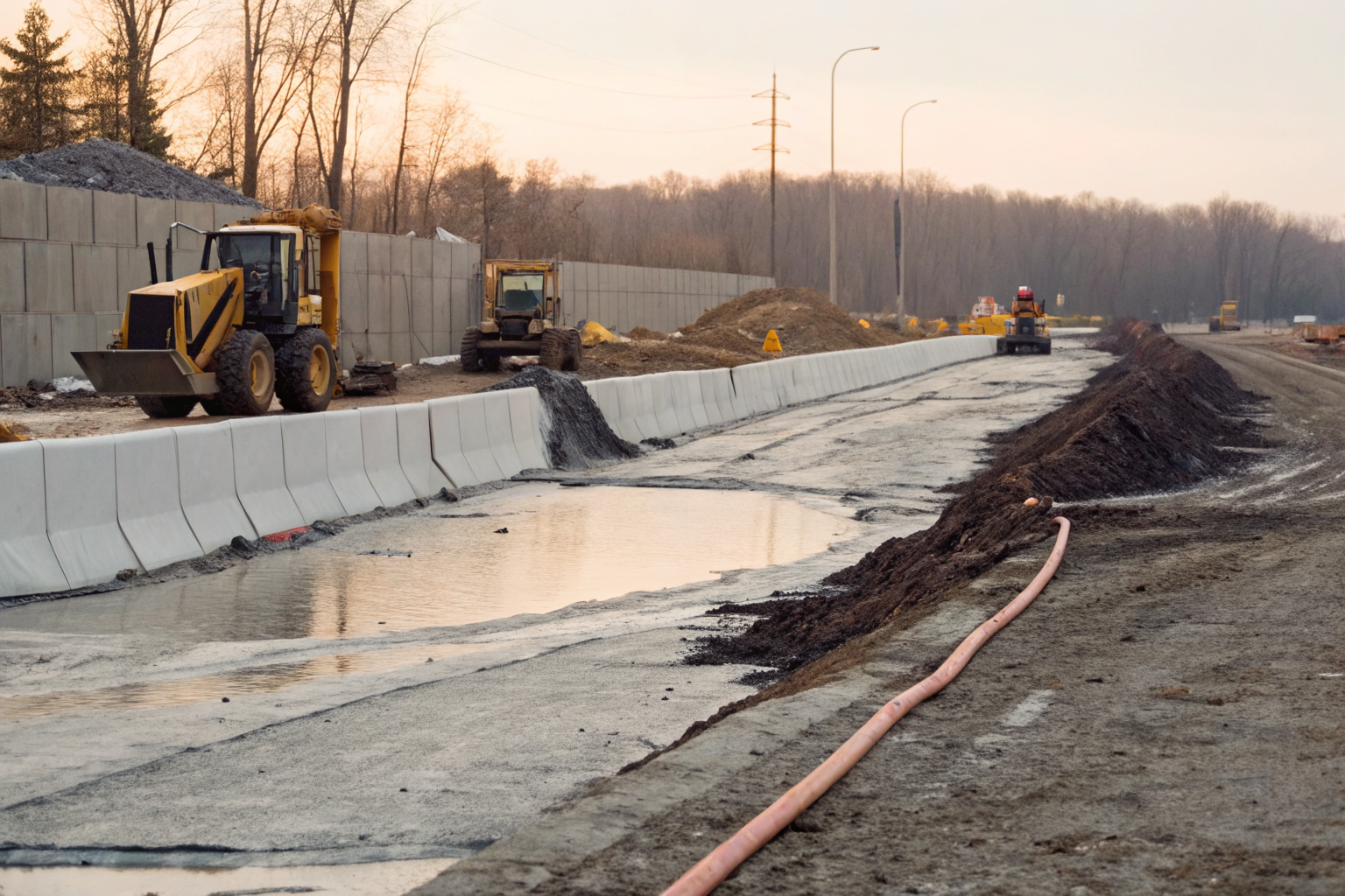 Drive-in spill berm containing fluid leaks at construction site.