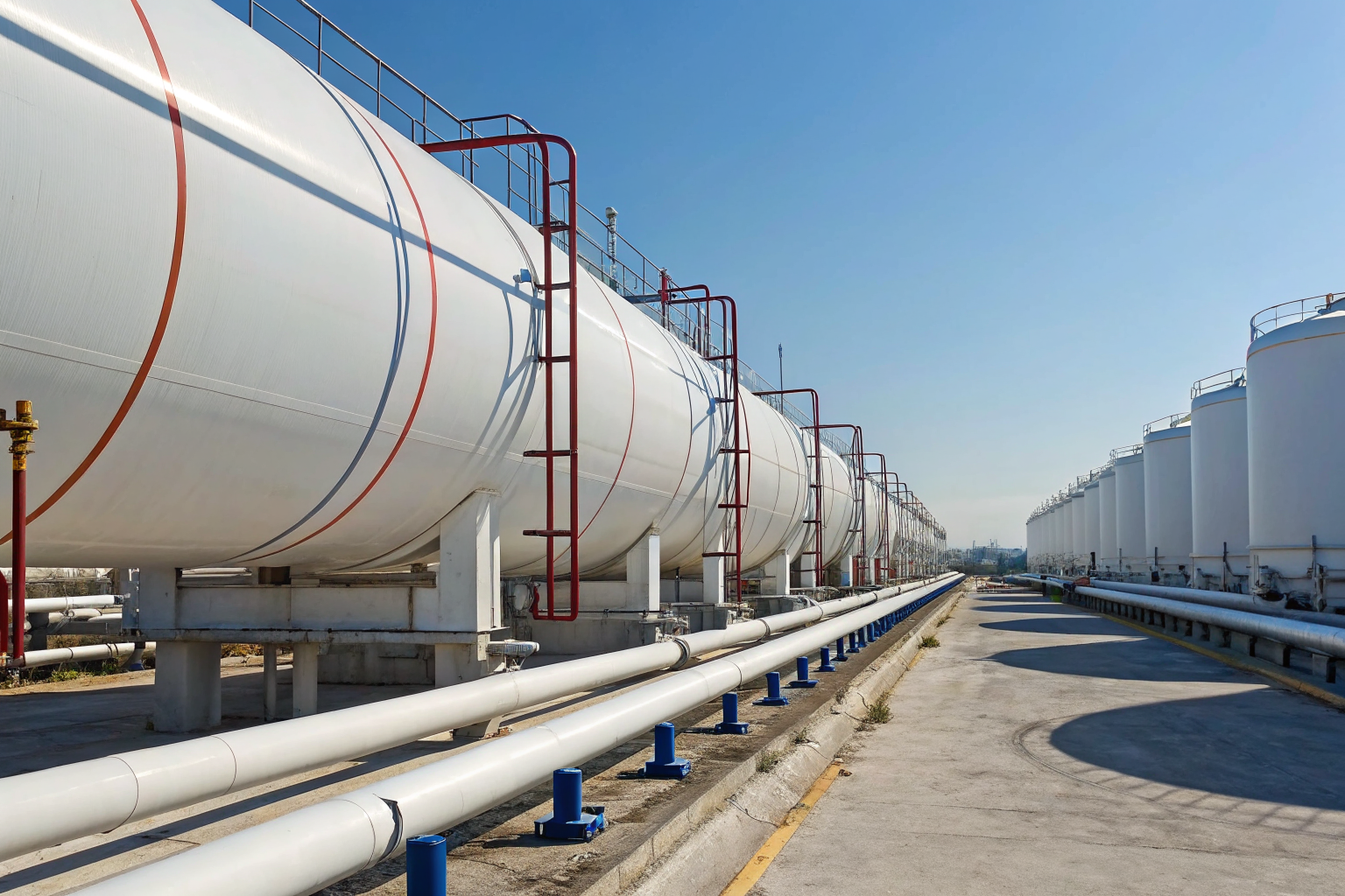 Oil storage tanks with connecting pipes and valves under blue skies.