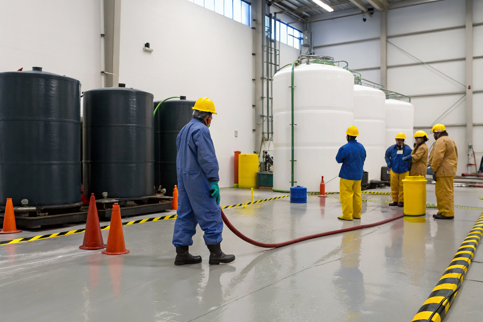 Workers in a training session near oil tanks, learning spill prevention.