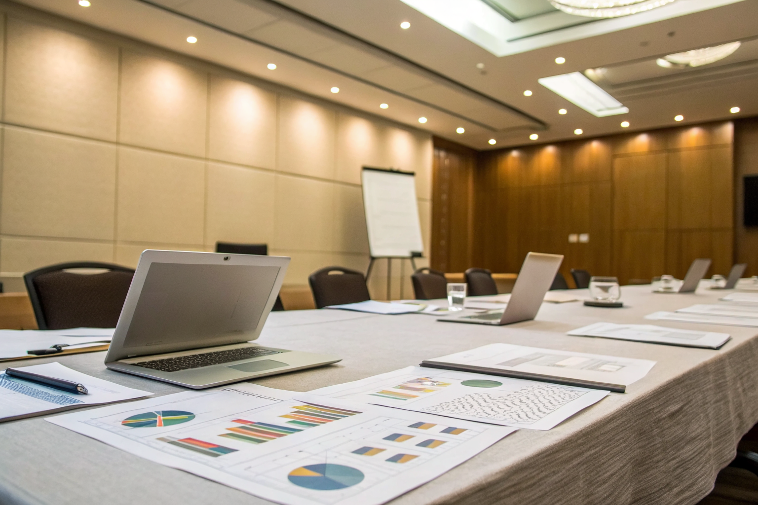 Meeting room with papers and charts on regulations.