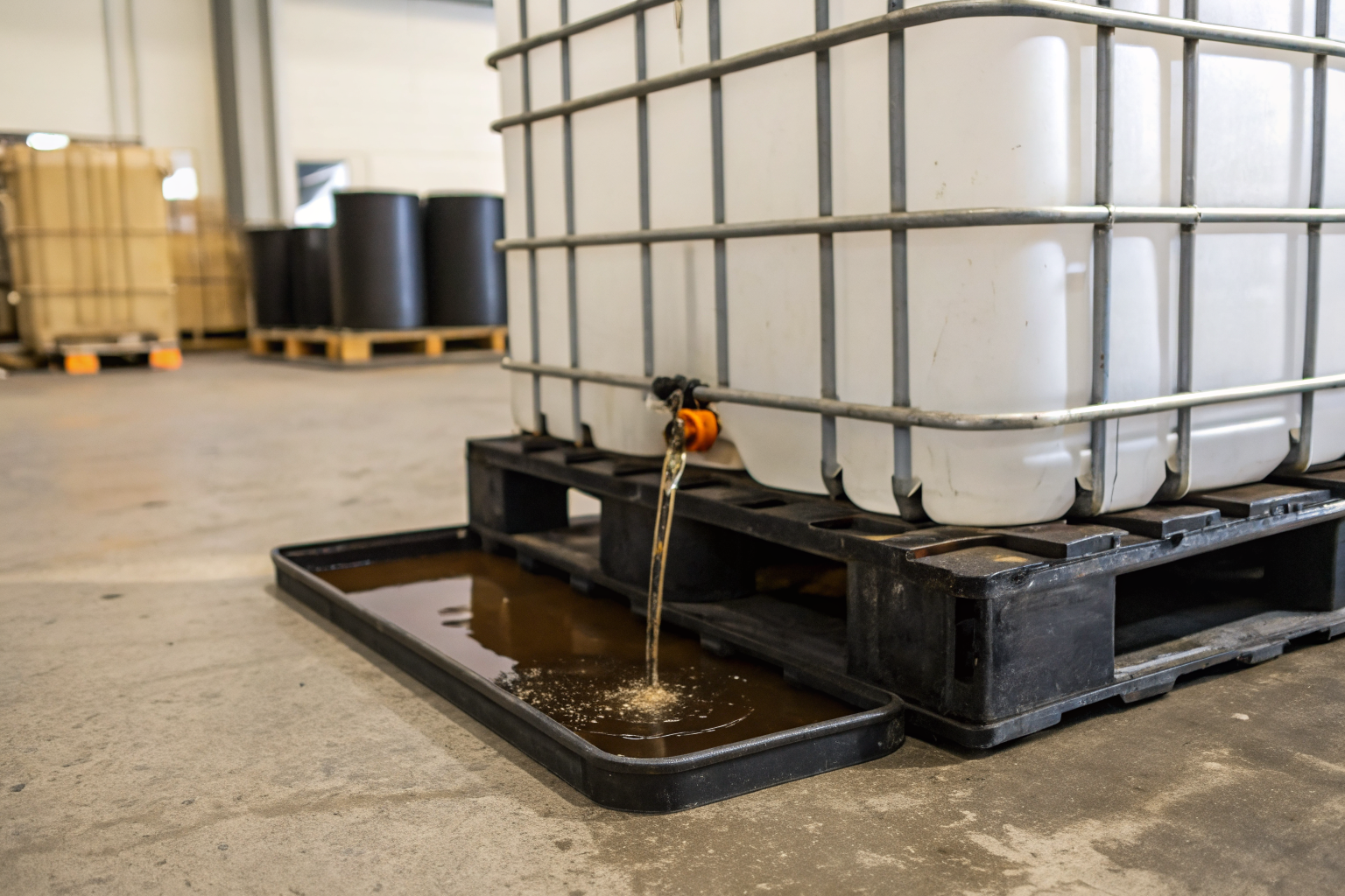 Polyethylene spill pallet catching drips from IBC valve in warehouse.