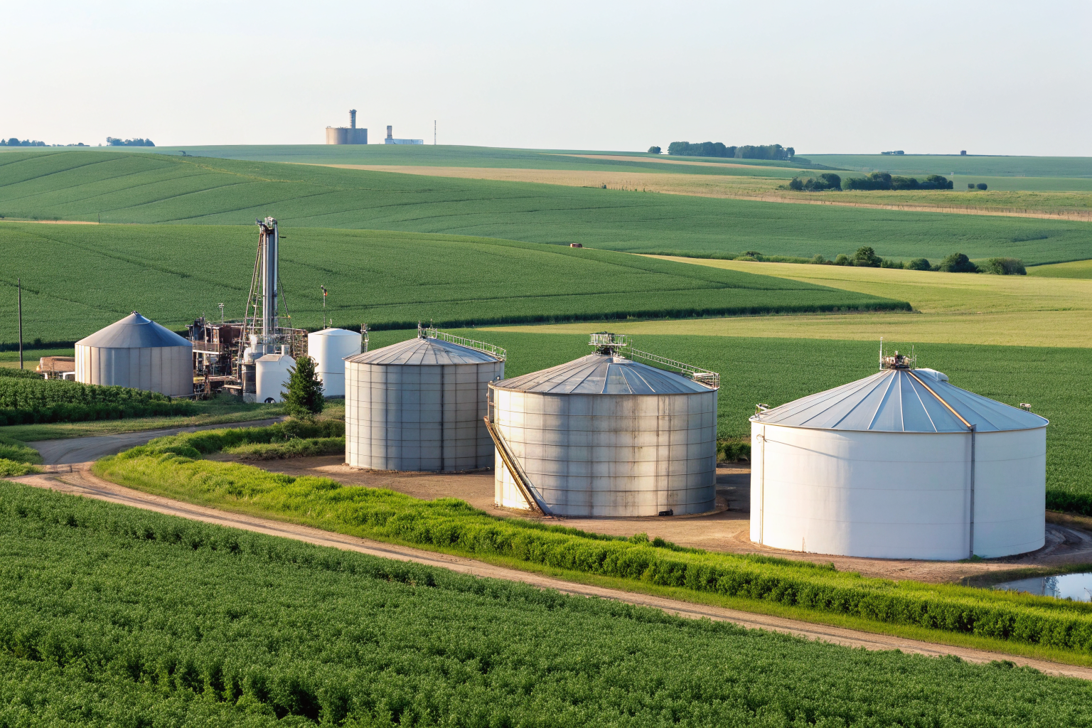 Oil storage tanks on a farm with capacity labels visible.
