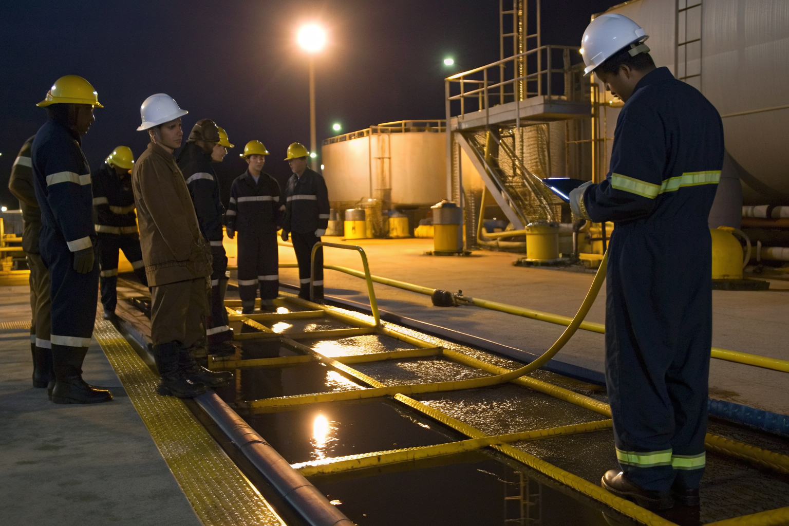 Trainees inspecting containment systems during spill prevention training.