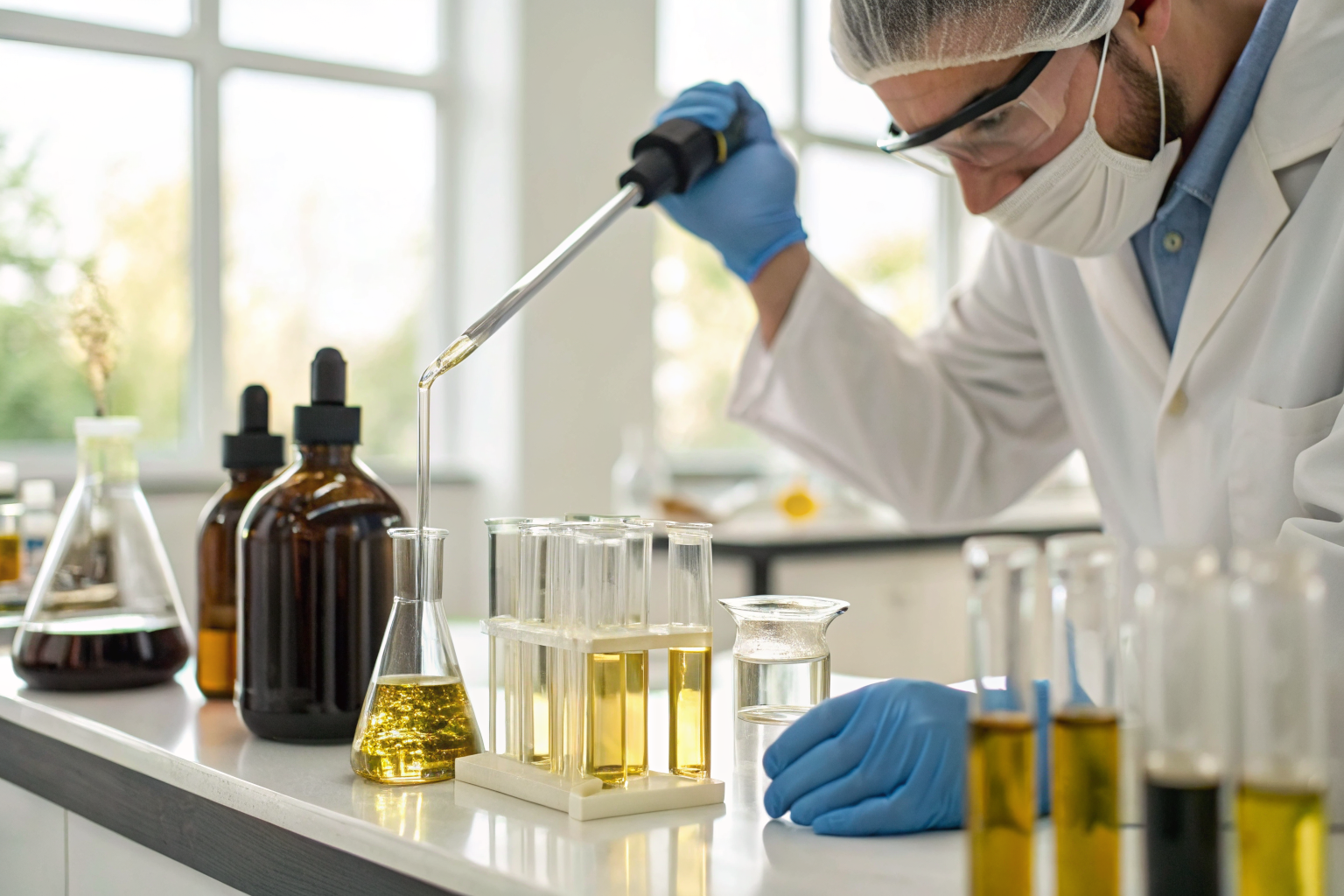 Scientist conducting a specific gravity test in a lab.