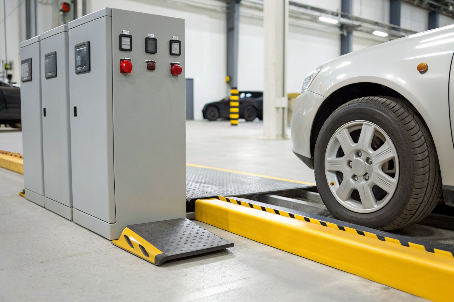 Close-up of wheel chock and electronic interlock panel at an industrial site.