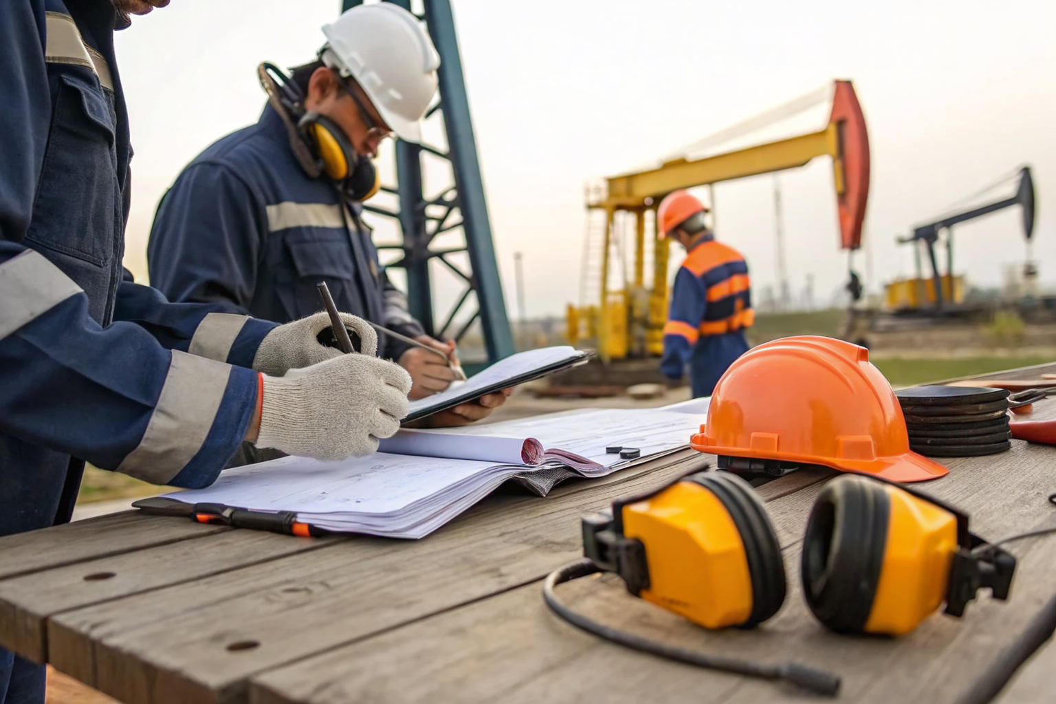 Oil handlers in practical training, using equipment, manuals visible.